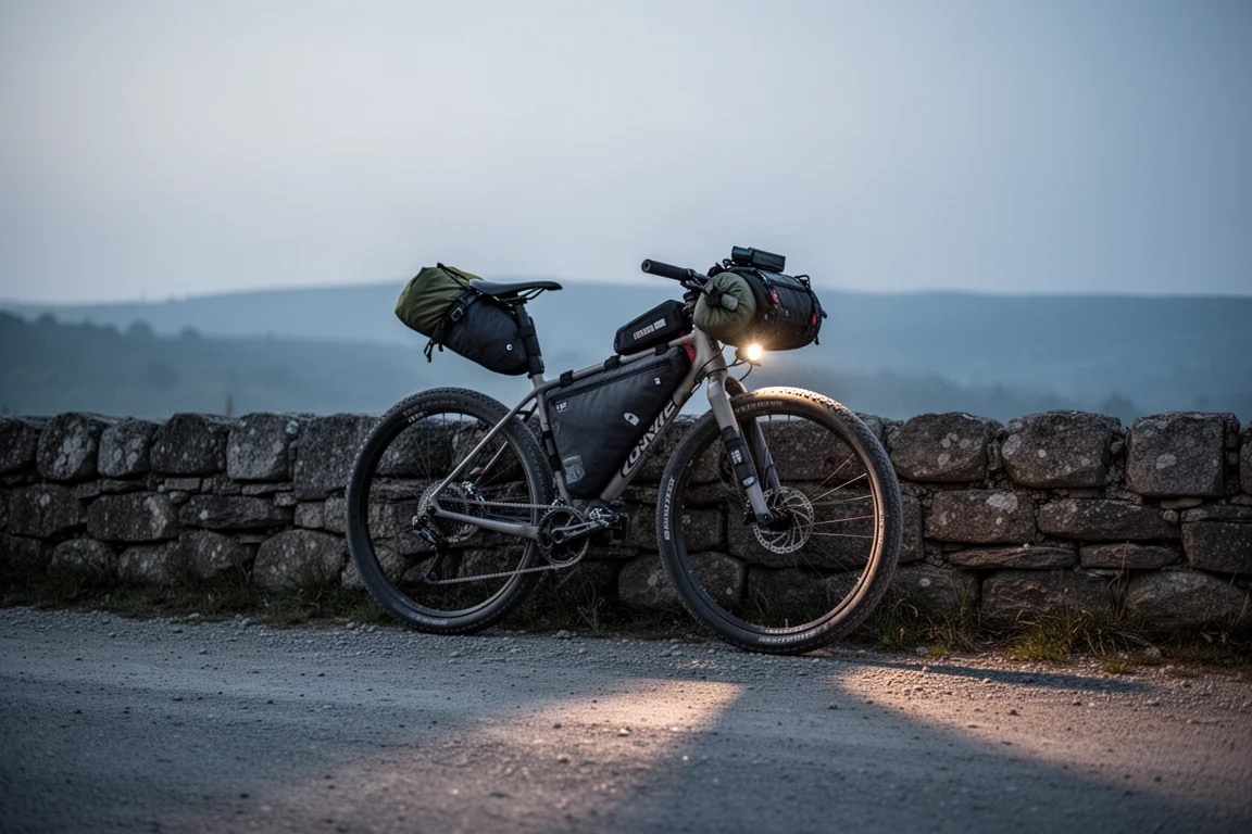Vélo de bikepacking chargé appuyé contre un mur en pierre au crépuscule avec un feu avant allumé