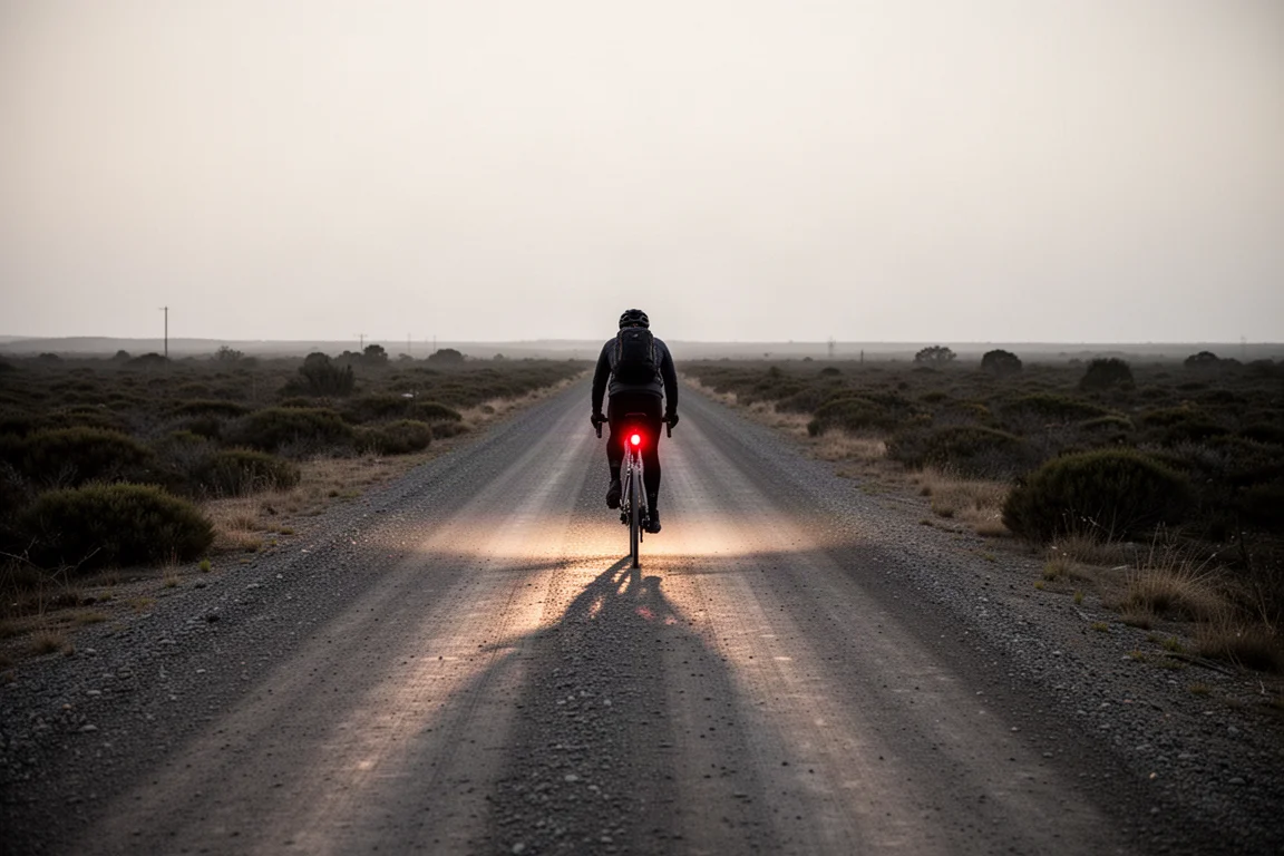 Cycliste au loin sur une route gravel déserte à l'aube avec un feu arrière rouge allumé