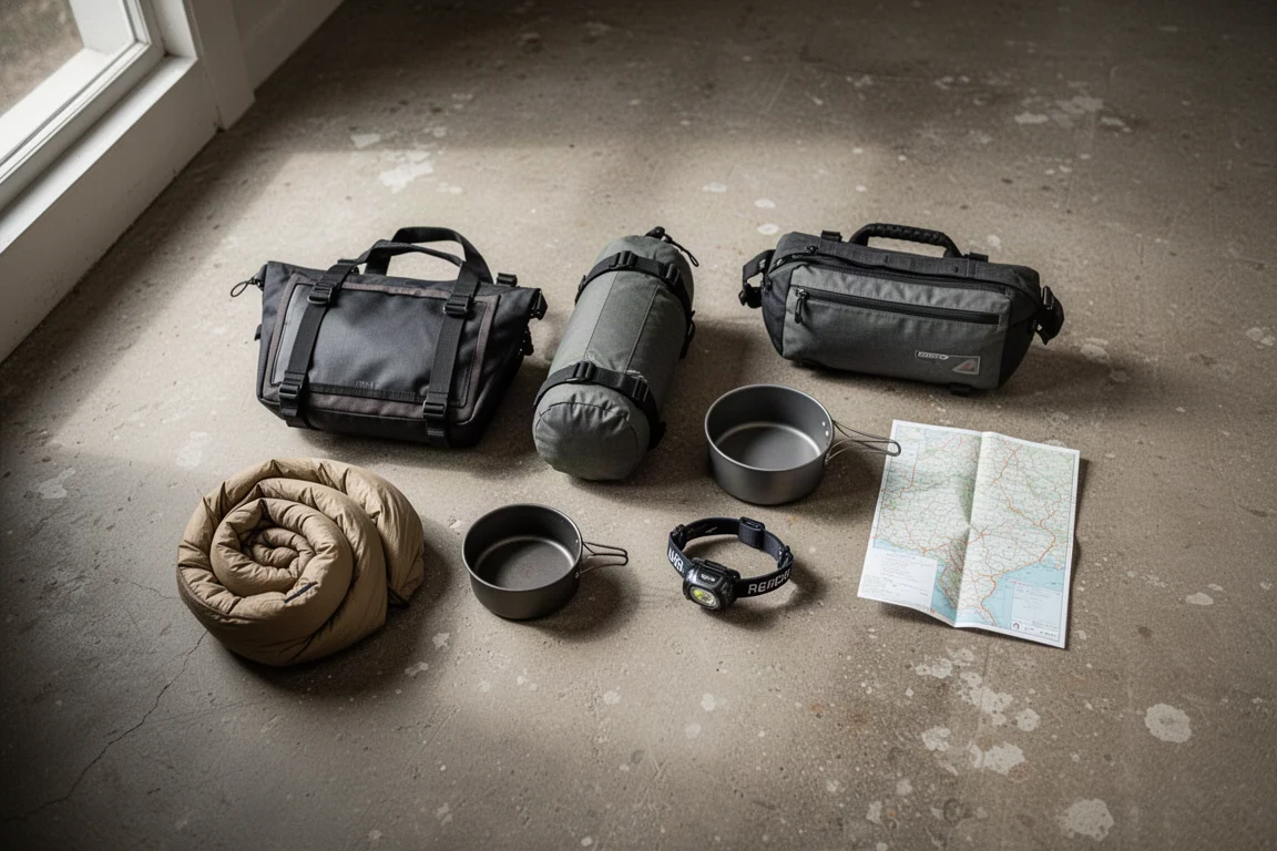 Vista superior de bolsas de bikepacking e equipamentos organizados em um piso de concreto