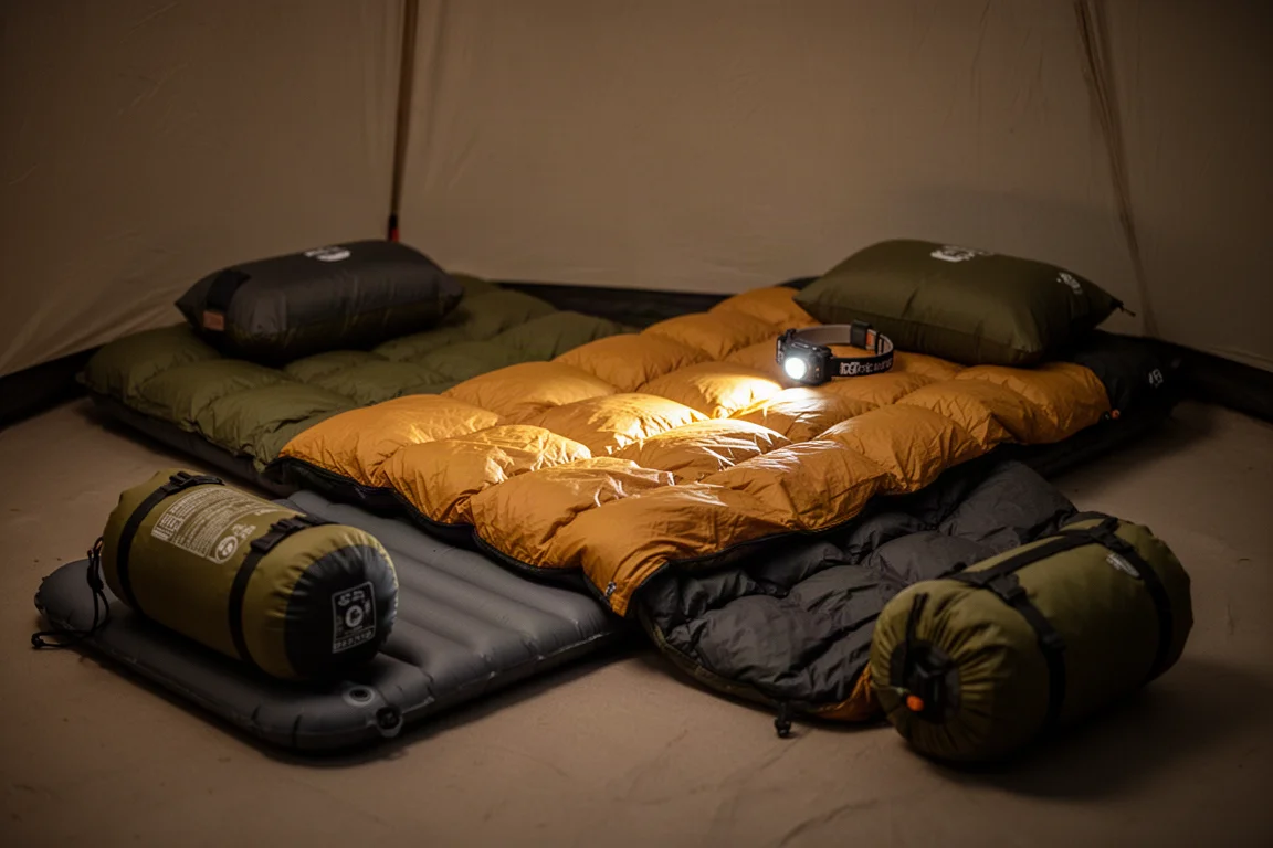 Quilt de dormir estendido sobre um pad dentro de um abrigo iluminado por lanterna de cabeça