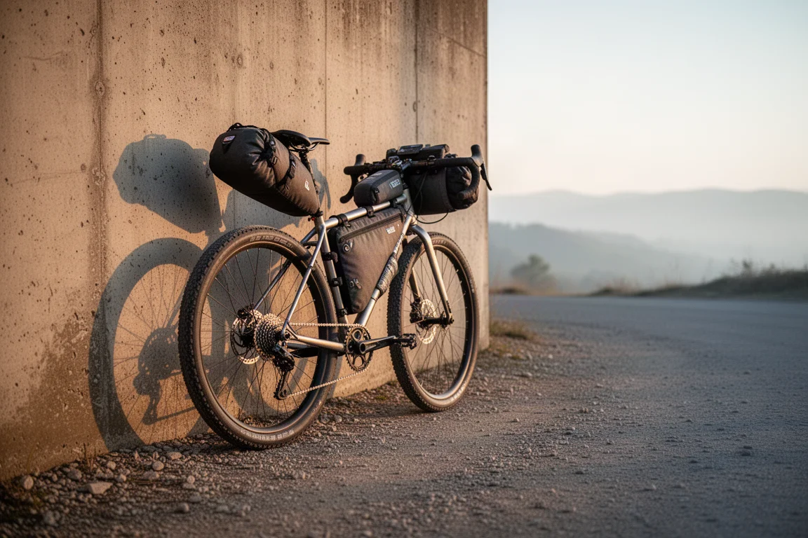 Bicicleta de bikepacking carregada apoiada contra uma parede de concreto ao nascer do sol