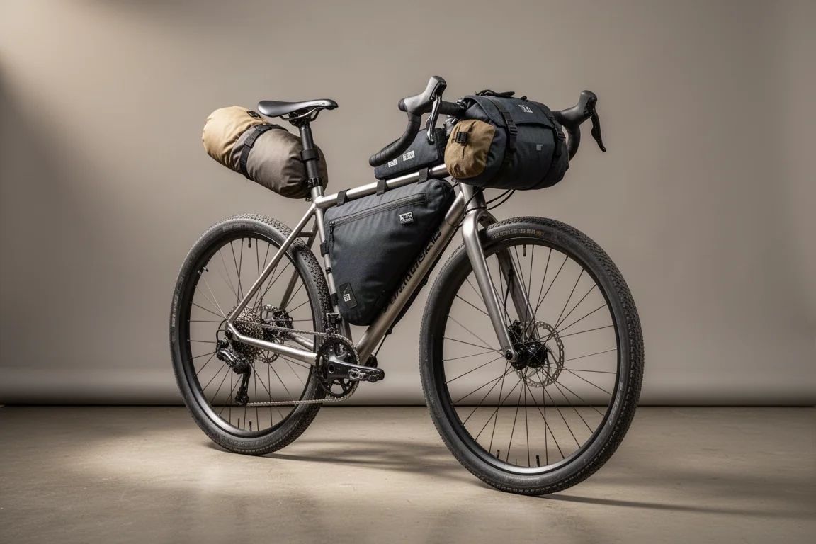 Loaded steel bikepacking bike with frame bag, seat pack and handlebar bag on a neutral backdrop