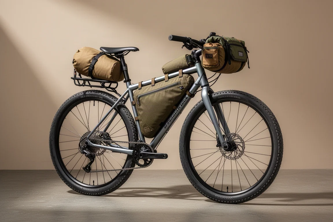 Loaded steel bikepacking bike with frame bag, seat pack, and handlebar bag on concrete