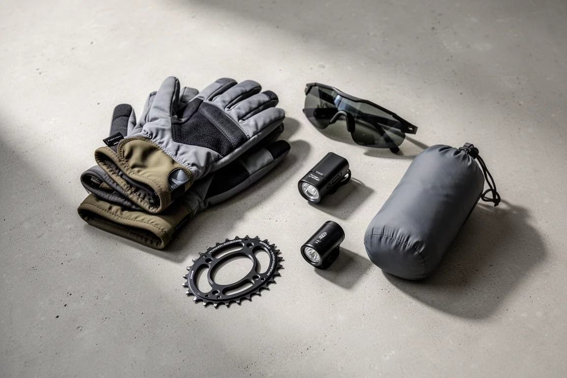 Översiktlig uppställning av bikepackingutrustning med handskar, solglasögon, en klinga och en hjälmlampa