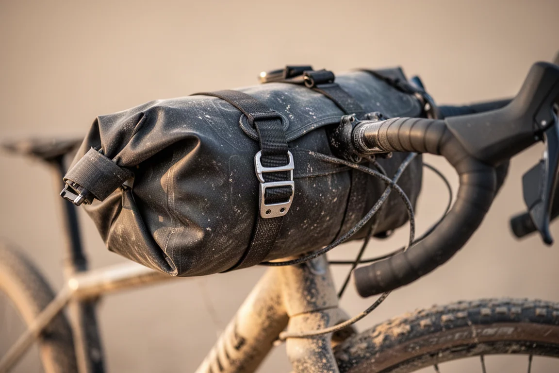 Bicicleta de bikepacking carregada apoiada em uma parede de concreto em uma estrada de cascalho enevoada ao amanhecer