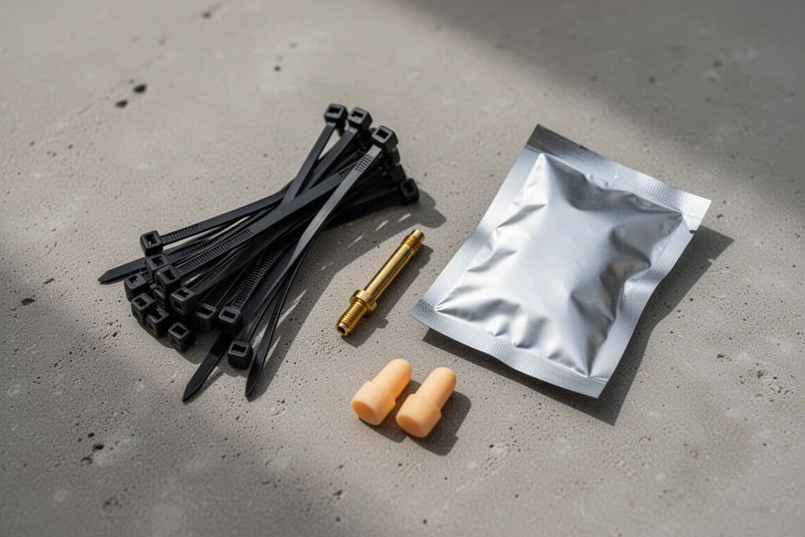 Visão superior plana de pequenos essenciais de bikepacking, incluindo abraçadeiras, protetores auriculares e uma multi-ferramenta