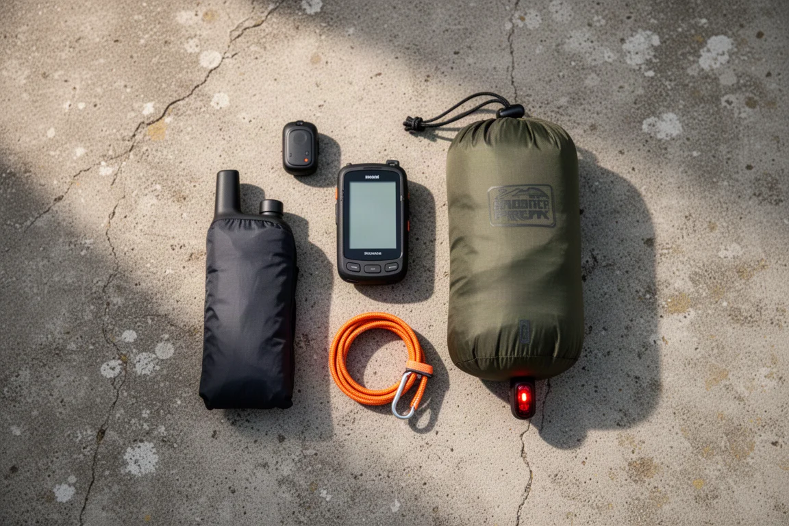 Bikepacking essentials arranged overhead on concrete, including straps, a satellite communicator, a jacket, a GPS computer and a radar light