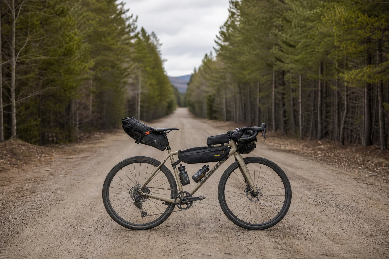 裝載 Bikepacking 裝備的礫石車行駛在林道上