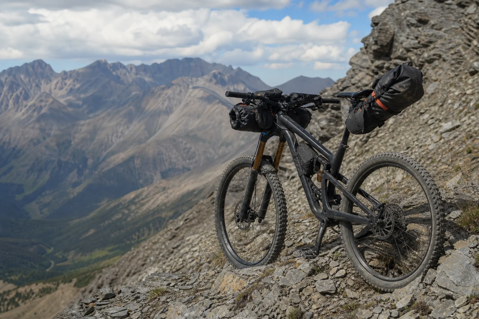 裝載滿滿 Bikepacking 裝備的下坡車行駛在岩石山地地形