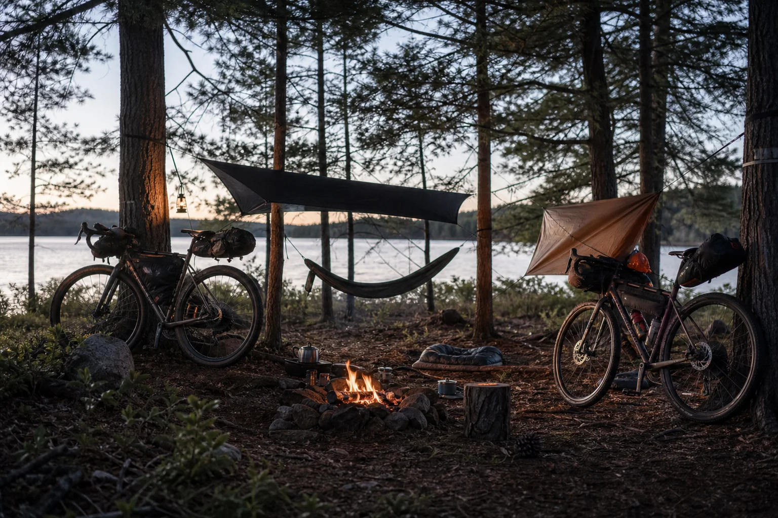 黃昏時分，裝載好的自行車與戶外裝備組成的 Bikepacking 露營場景