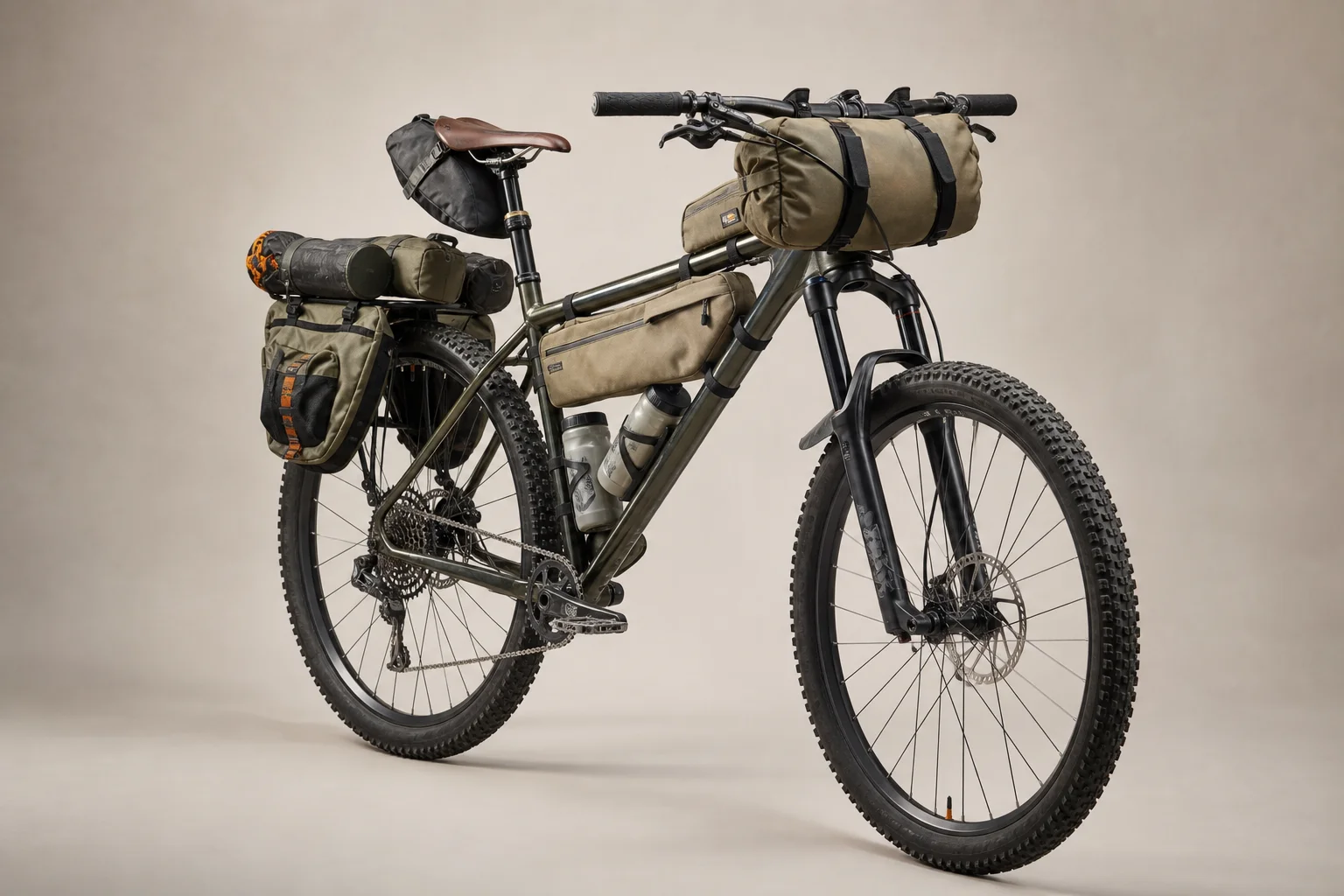裝載完整的硬尾登山車，搭配 Bikepacking 車包，背景為中性色調