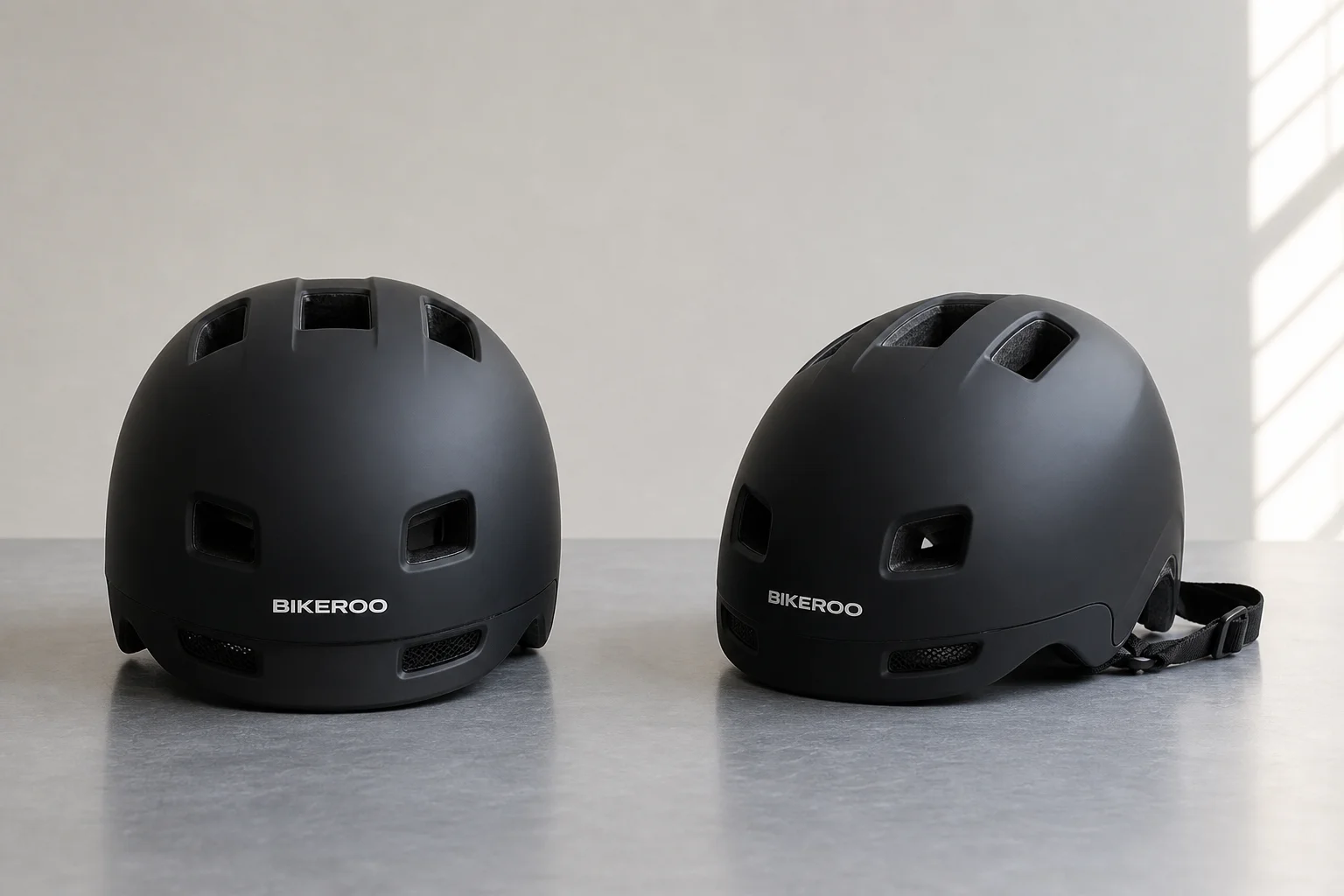 Five bike helmets of varying styles and price points arranged on concrete