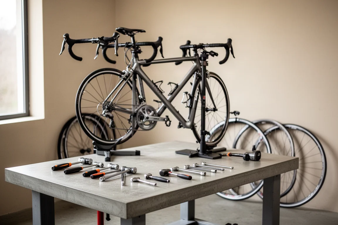 Bici da strada montata su cavalletto da officina con attrezzi disposti sul banco da lavoro