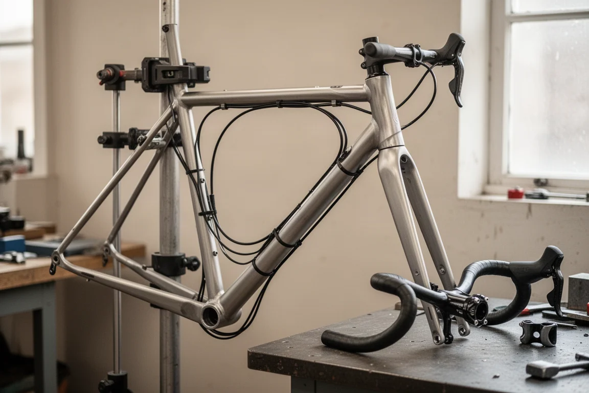 Telaio di bici nudo su cavalletto da lavoro con cavi per il passaggio interno parzialmente installati