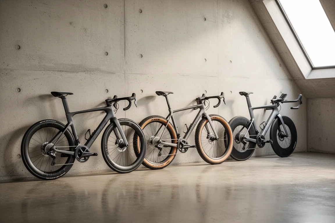 Row of road, gravel and time trial bikes leaning against a concrete workshop wall
