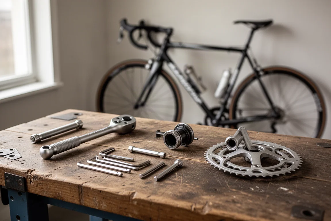 Établi d'atelier de vélo avec outils et un vélo de route partiellement démonté