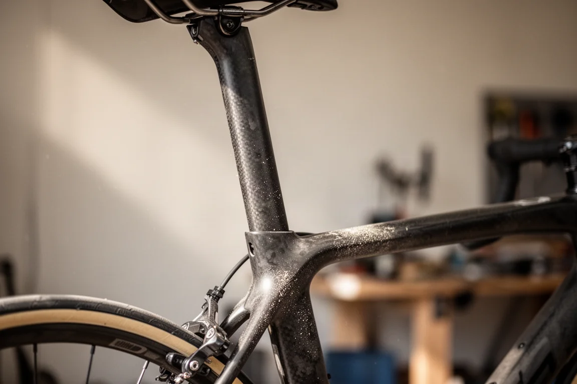 Gros plan sur le cluster de selle d'un vélo de route et un fin mât de tige de selle
