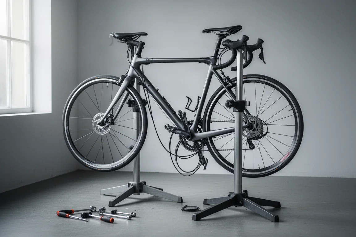 Vélo de route dénudé sur un support de réparation dans un atelier lumineux