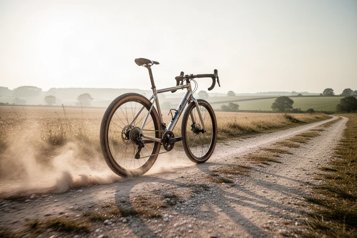 Titan-Gravelbike auf staubiger Strecke im Morgenlicht