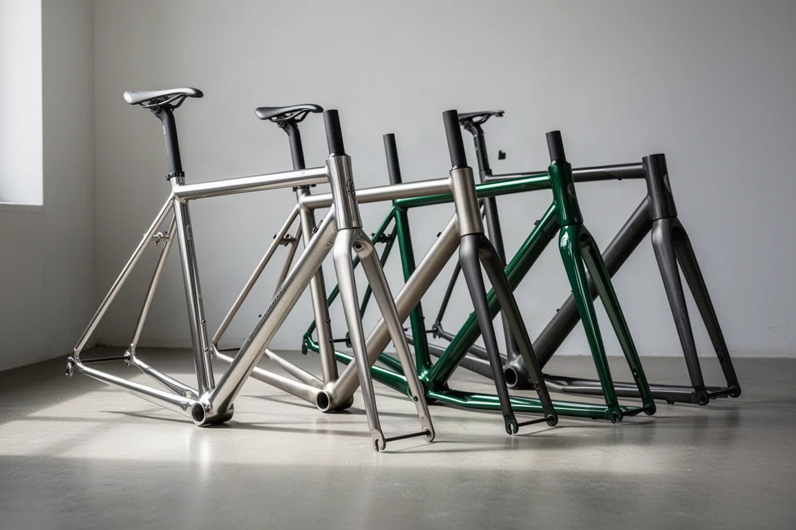 Stål-, titan-, aluminium- och kolfiberramar till cyklar uppställda i en ljus verkstad