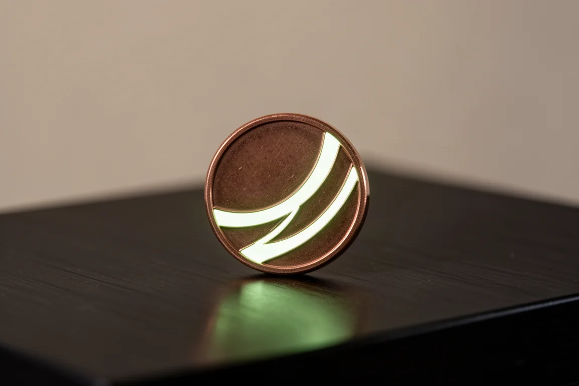 Detalle luminiscente brillando en una pequeña moneda de EDC de metal con poca luz
