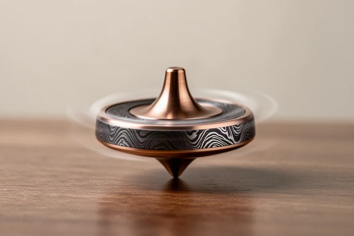 Peonza de bronce y damascus girando sobre una superficie de madera