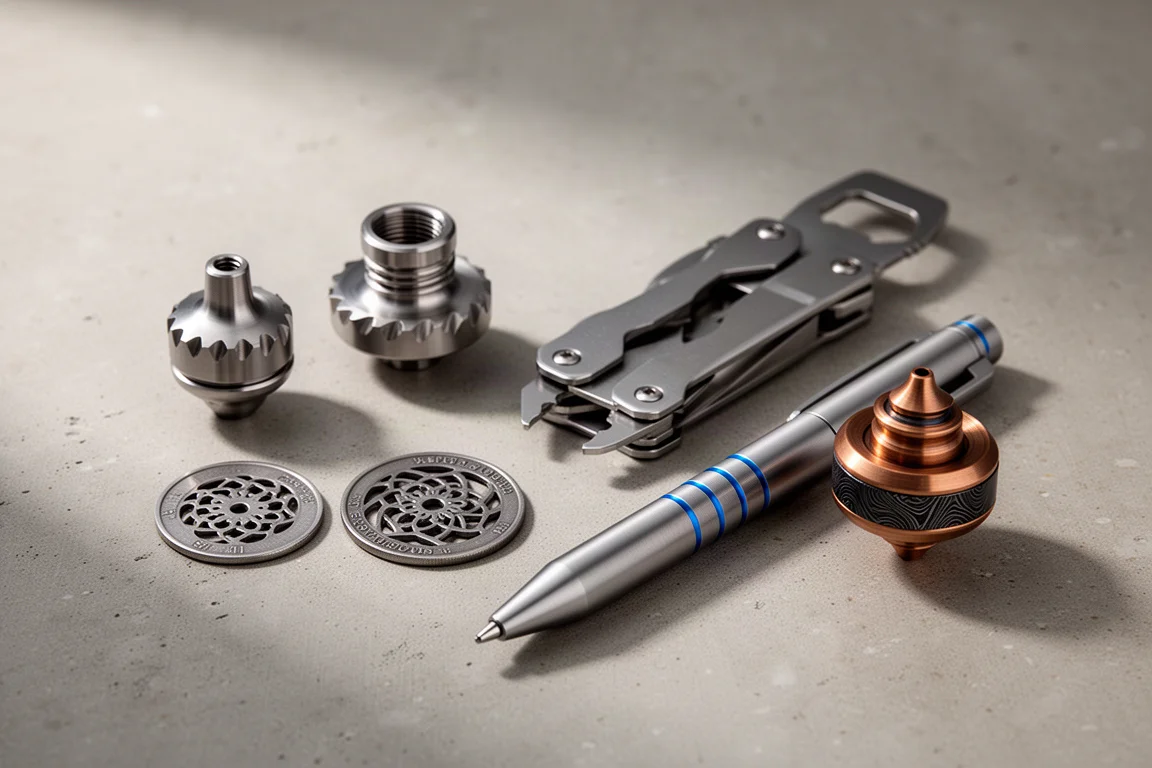 Collezione di oggetti EDC in titanio e metallo lavorati, tra cui una penna, monete, un multi-tool e una toupée rotante su calcestruzzo