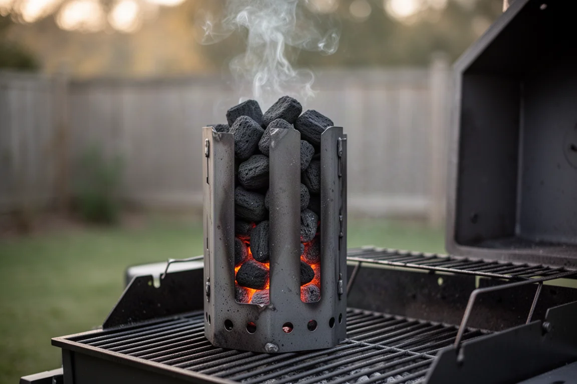 Charcoal chimney starter glowing hot on a grill in a backyard setting