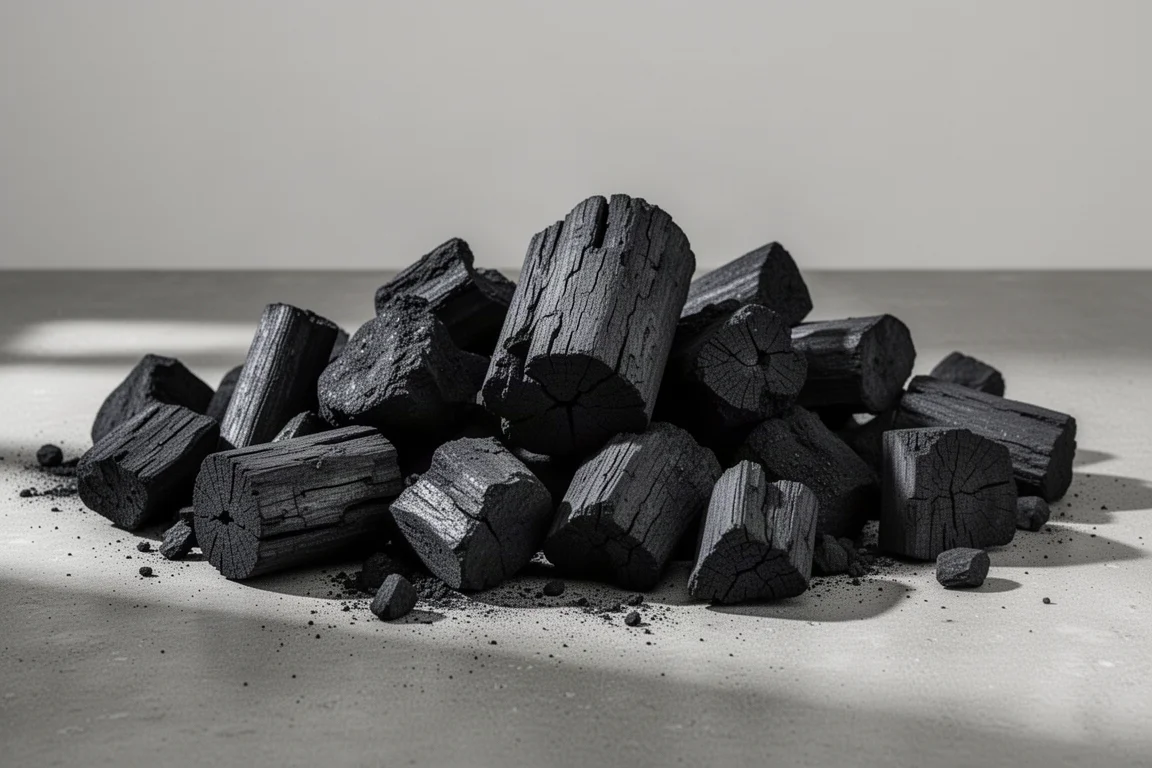 Irregular chunks of natural lump charcoal spread on a concrete surface