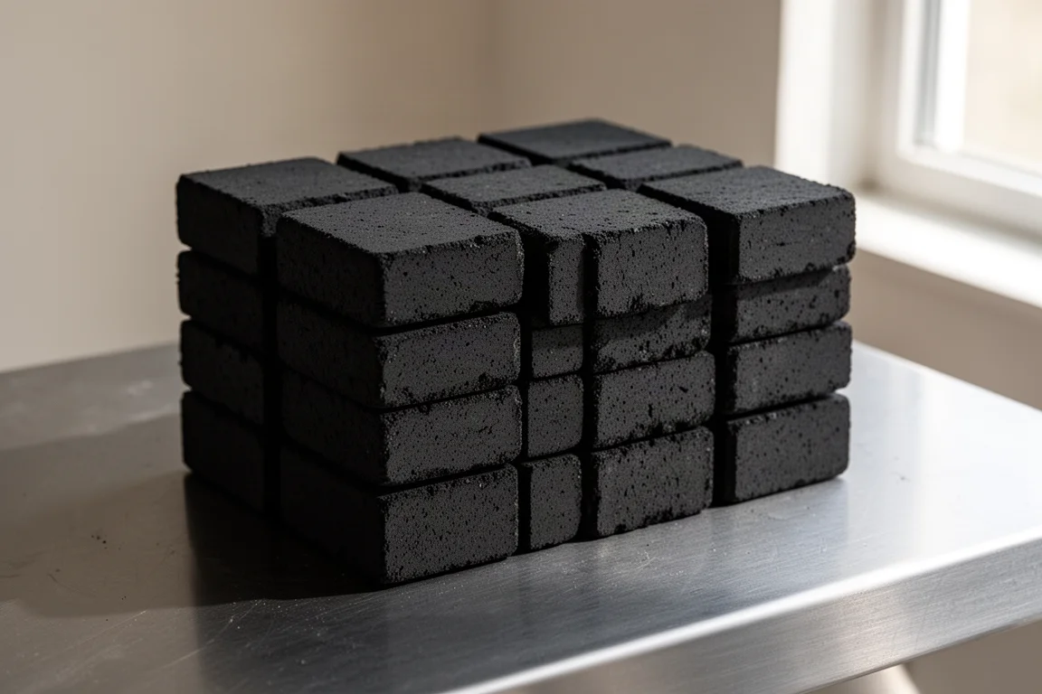 Uniform rectangular charcoal briquettes stacked in a neat grid pattern