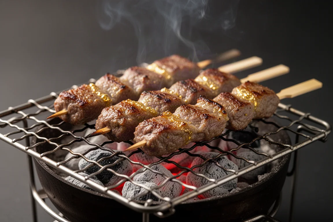 Meat skewers grilling over glowing charcoal with light smoke