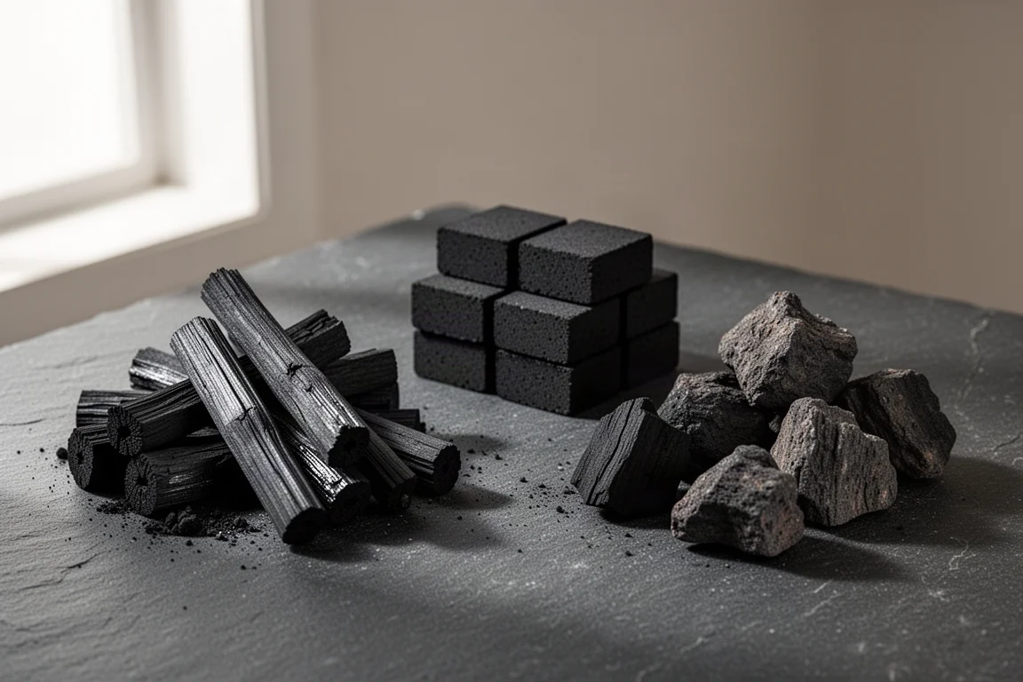 Three piles of binchotan, ogatan, and lump charcoal on a dark stone surface