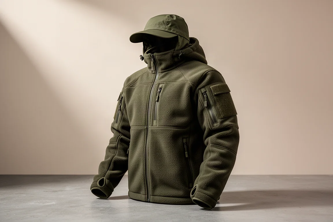 Giacca in pile tattica pesante verde oliva scuro su cemento opaco con cappuccio e tasche con zip