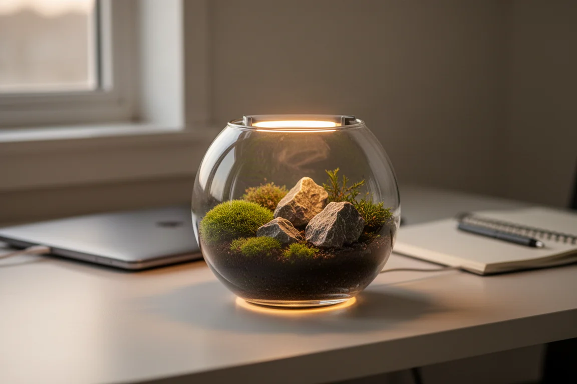 Kleines beleuchtetes Glas-Terrarium auf einem Schreibtisch, dahinter verschwommen ein Laptop