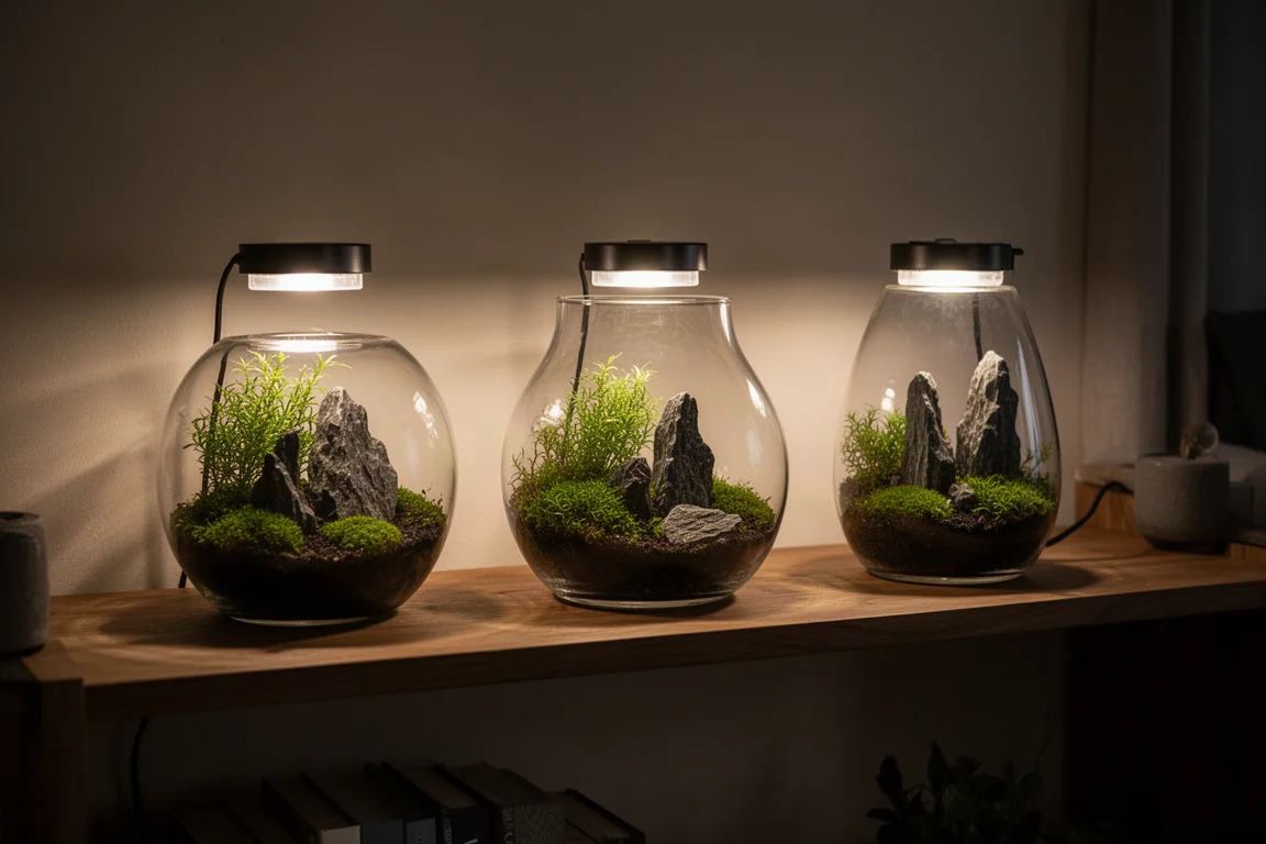 Drei beleuchtete Glas-Terrarien nebeneinander auf einem Holzregal in der Abenddämmerung
