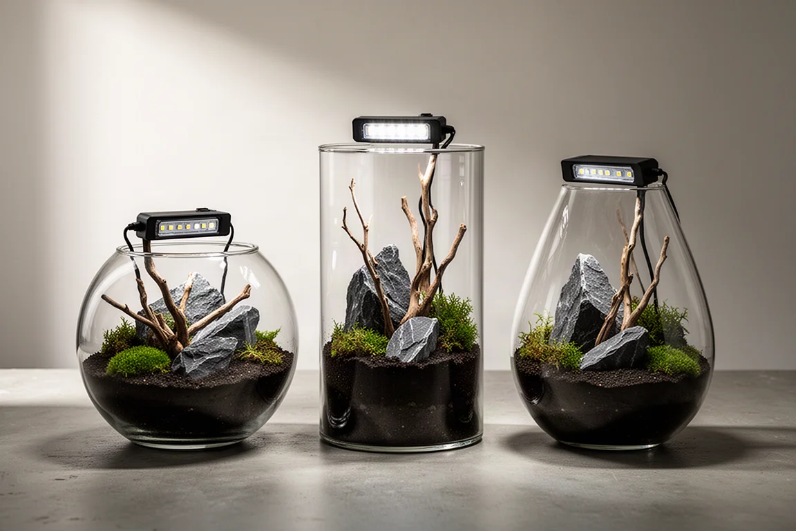Drie glazen terrariumvaten met LED-verlichting, mos, steen en hout op beton