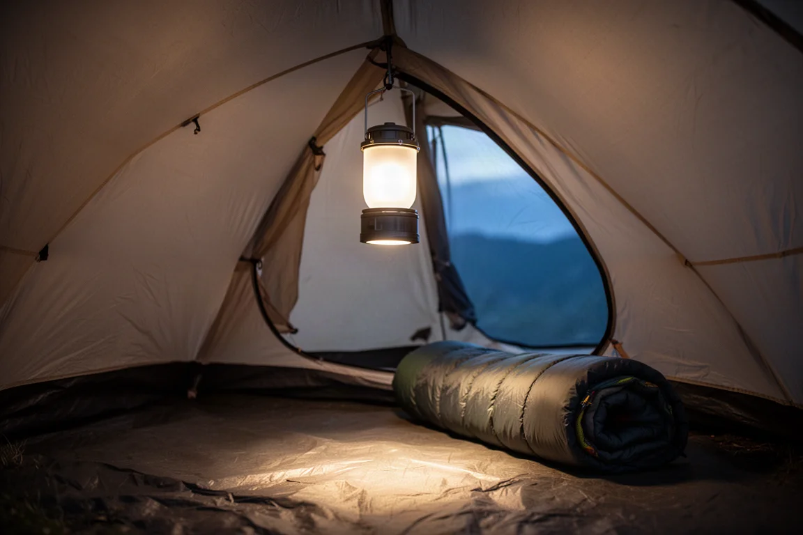Lanterna da campeggio appesa dentro una tenda a cupola al crepuscolo con luce calda sul pavimento
