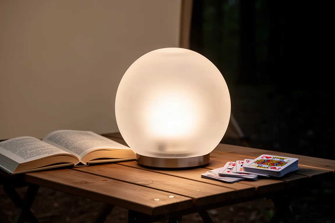 Globo smerigliato della lanterna illuminato su un tavolo da campeggio accanto a un libro e a carte da gioco