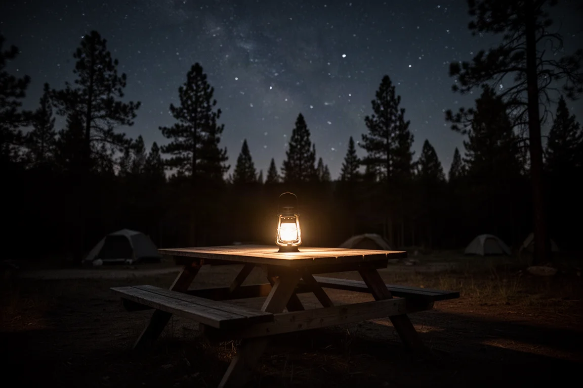 Lanterna illuminata da sola su un tavolo da picnic in una radura di campeggio buia di notte