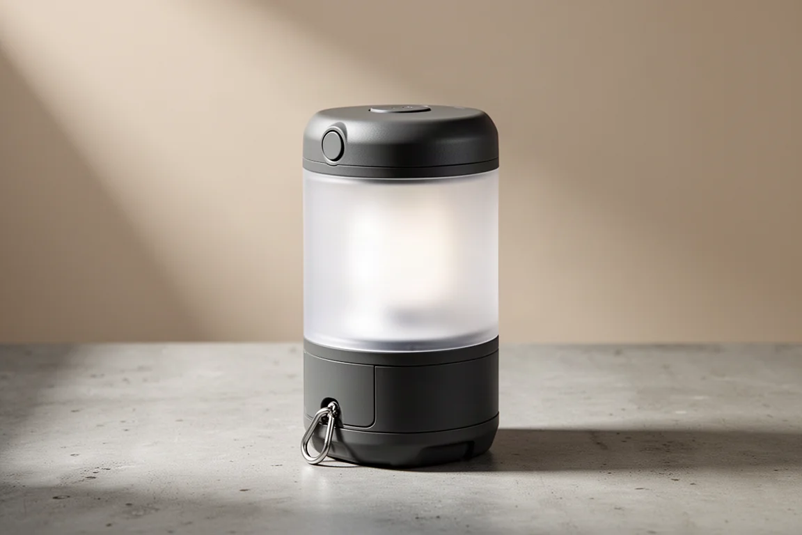 Rechargeable camping lantern with a frosted globe on a matte concrete surface