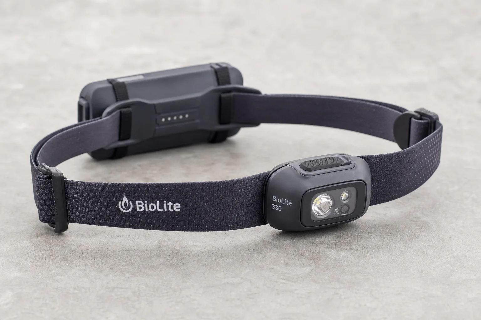 Four headlamps arranged on concrete: Black Diamond Spot 325, Petzl Tikkina, Petzl Actik Core, and BioLite Headlamp 330