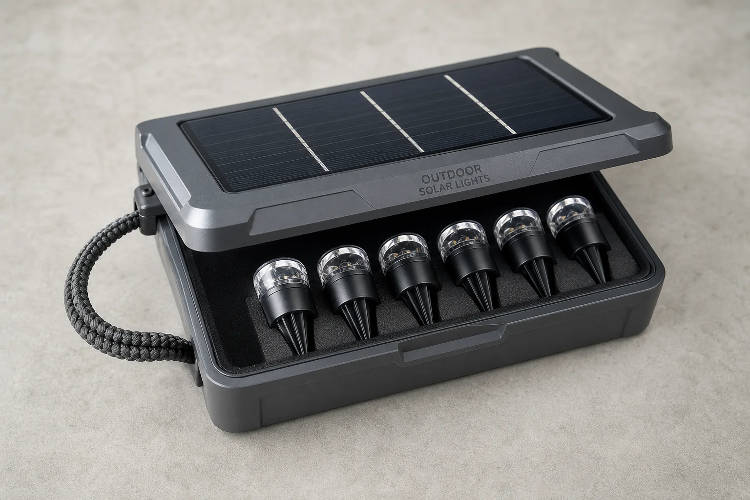 콘크리트 바닥 위에 배치된 5개의 BioLite 캠핑용 Light