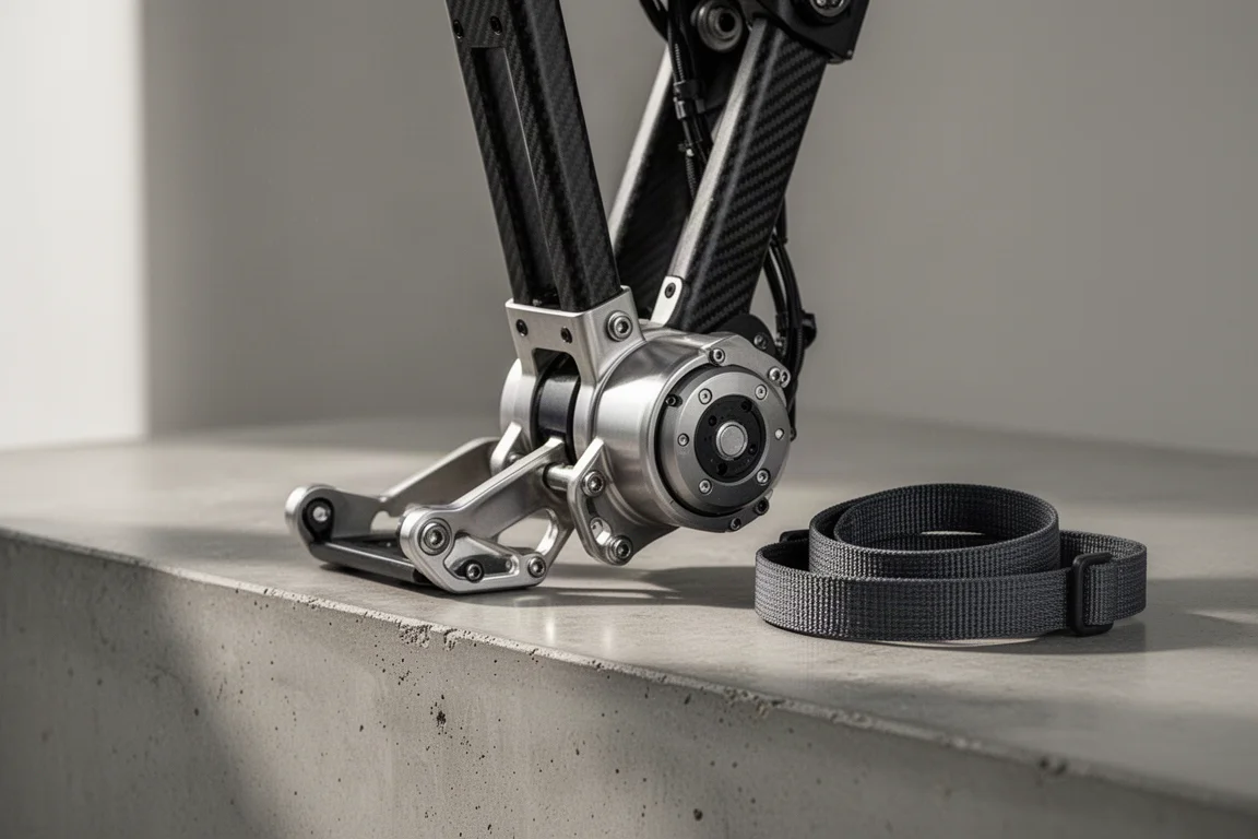 Exoskelet met beenframe op een werkbank naast een racefiets in een werkplaats