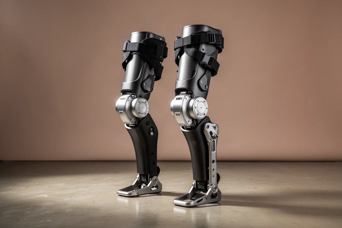 Benram till exoskelett i kolfiber och titan med motorenhet placerad på betong