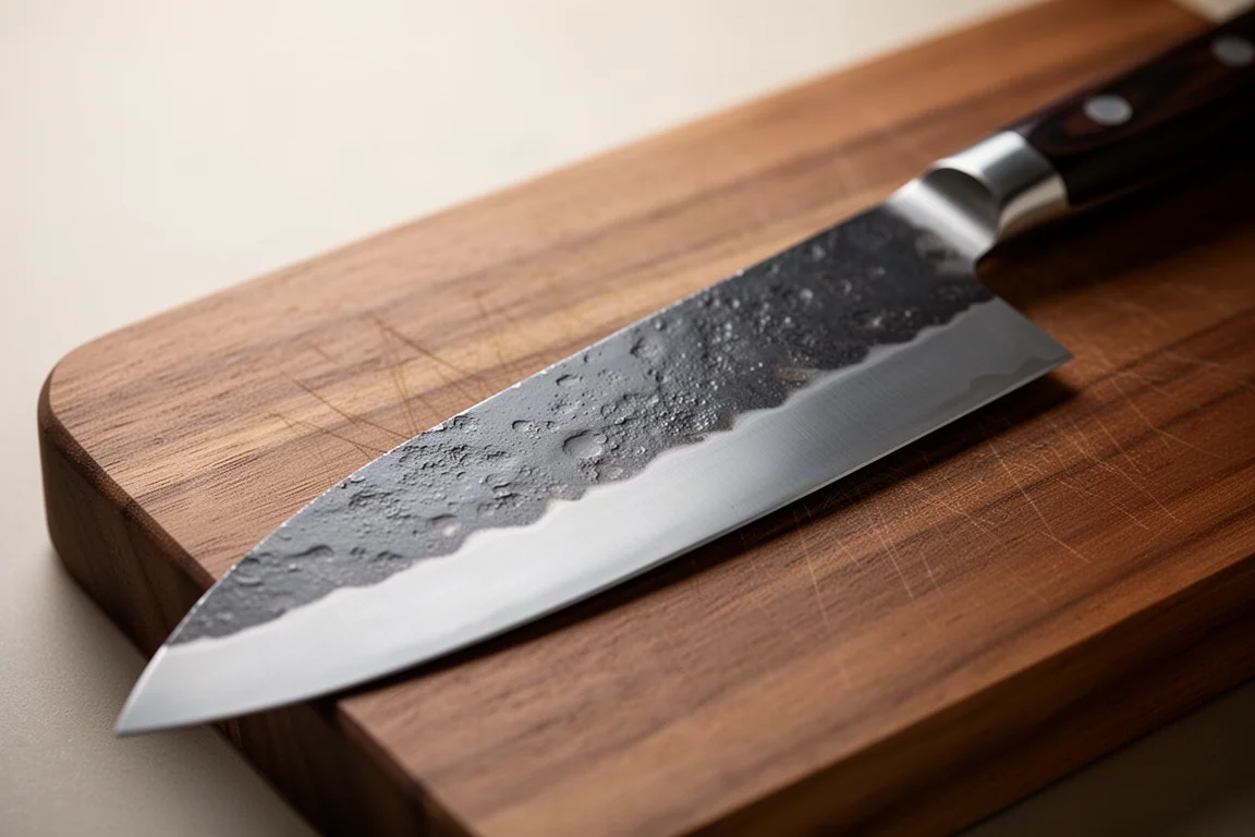 Nahaufnahme einer handgefertigten Gyuto-Klinge mit texturiertem Kurouchi-Finish und Satin-Politur