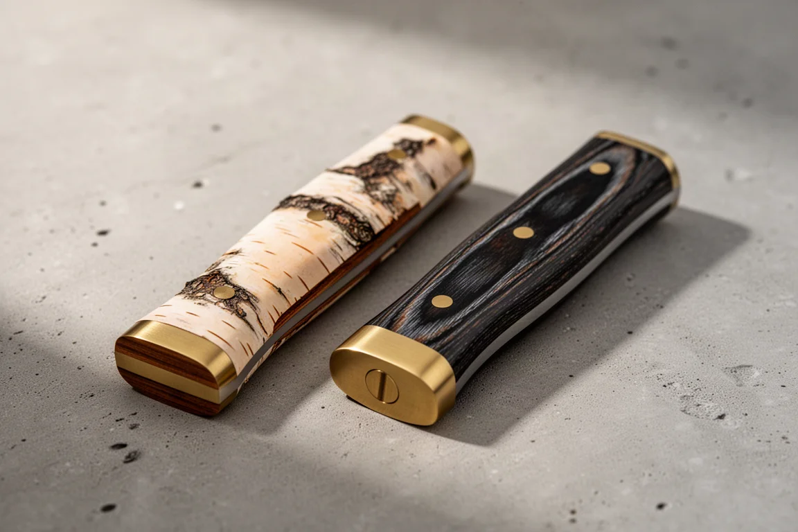 Zwei handgefertigte Messergriffe nebeneinander mit Birkenrinde- und Micarta-Finish