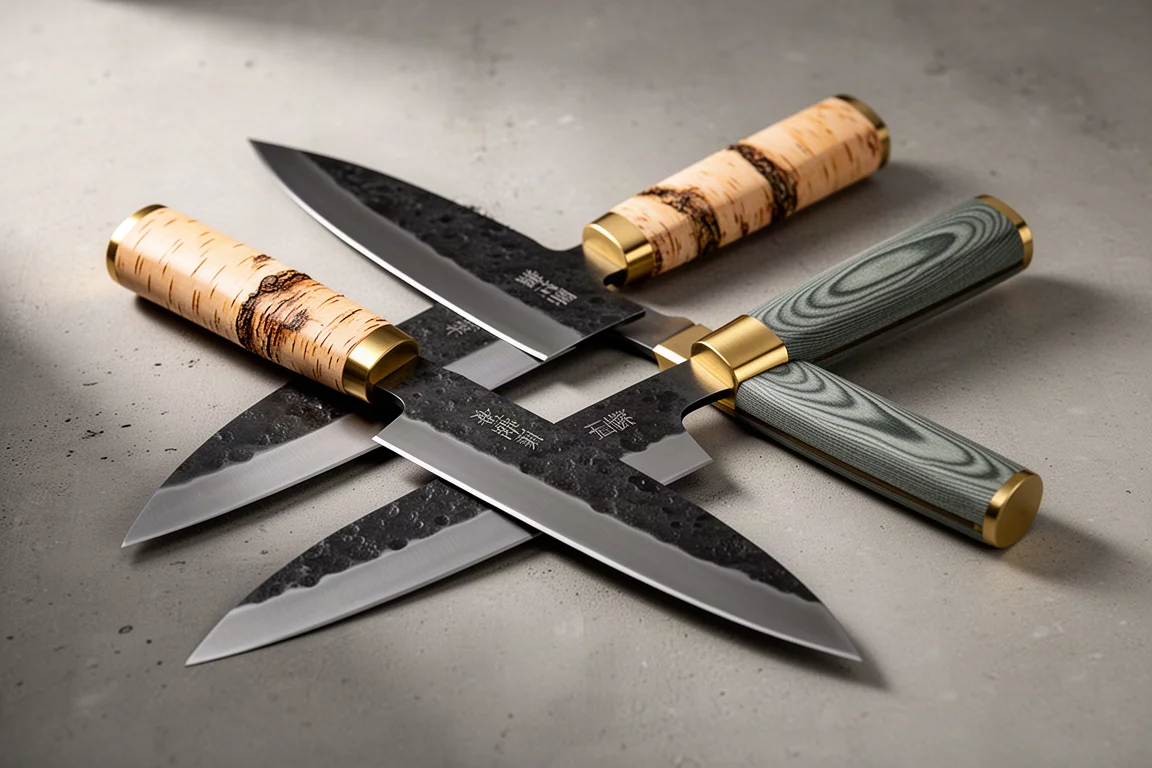 Two handmade gyuto knives with birch bark and micarta handles on concrete surface