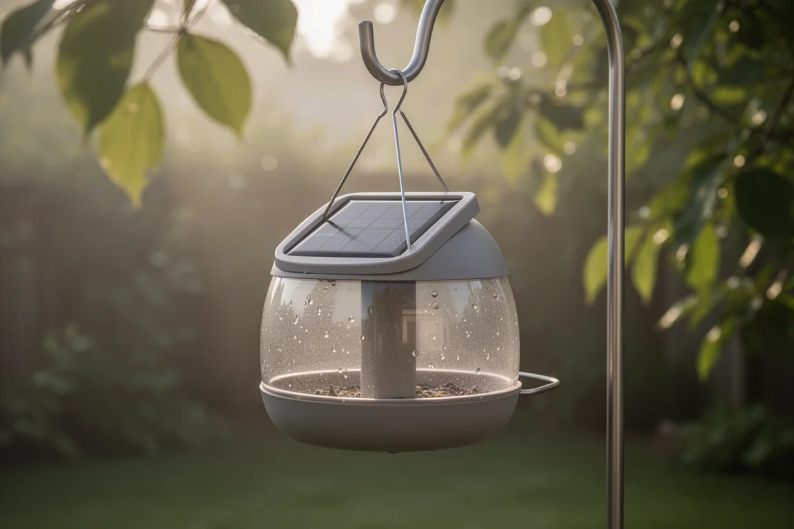 Smarter Futterspender für Vögel, der an einem Haken im Hinterhof im sanften Morgenlicht hängt