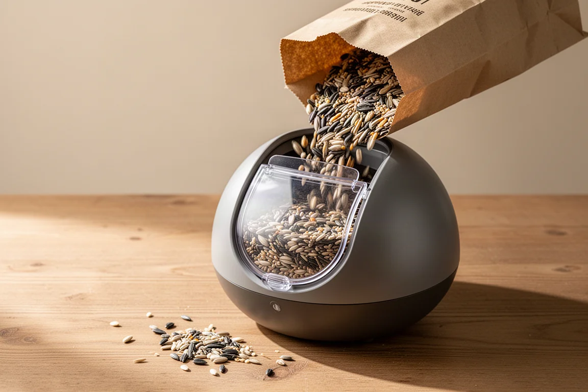 Futter wird in die Nachfüllöffnung eines smarten Futterspenders für Vögel gegossen