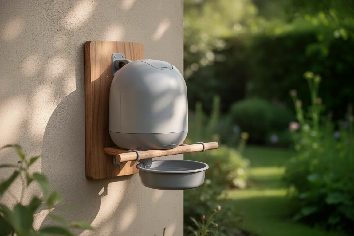 Smarter Futterspender für Vögel, an einem Holzbrett mit Eichhörnchenschutz im Garten montiert